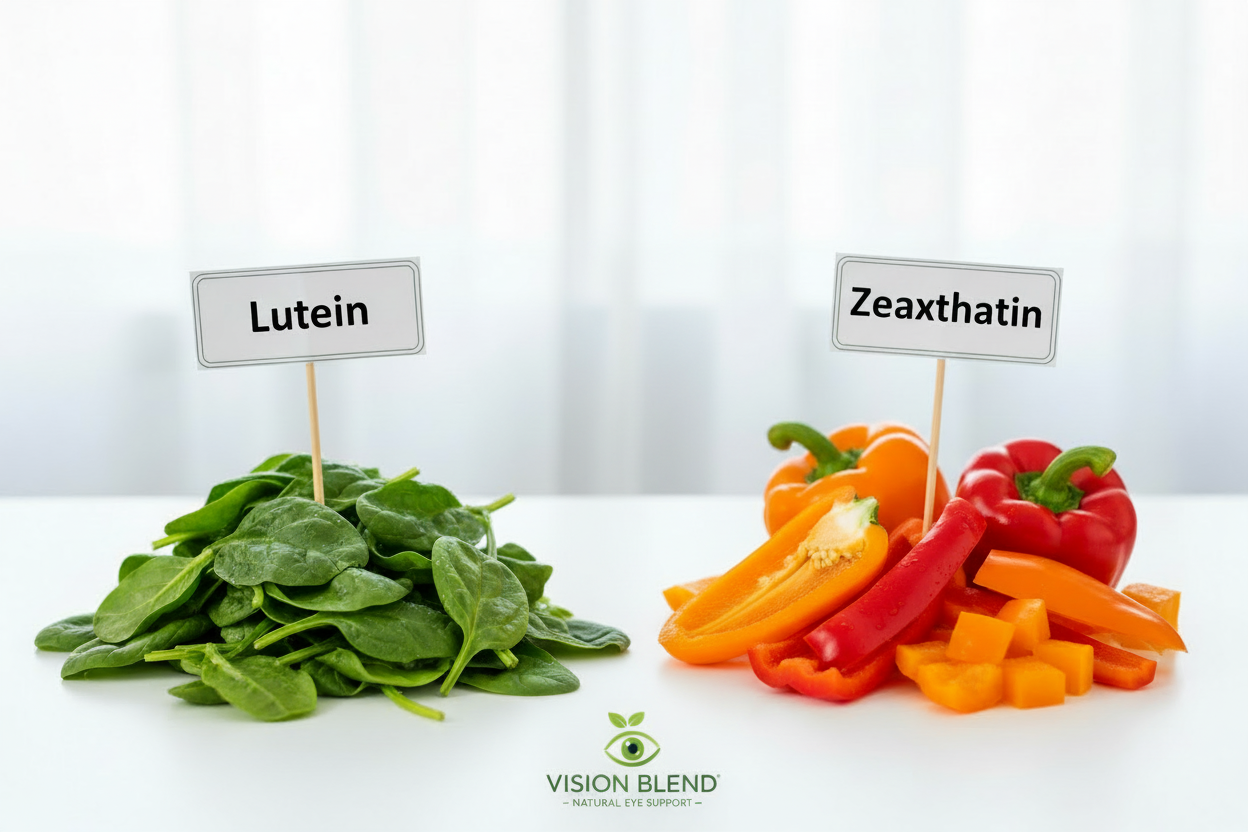 Natural sources of lutein and zeaxanthin - fresh spinach and colorful bell peppers