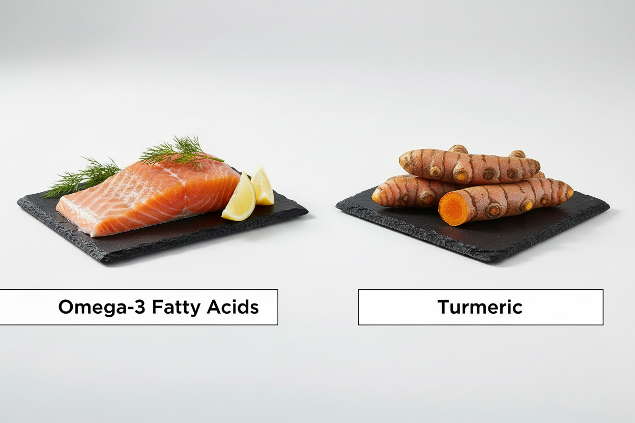 Natural sources of Omega-3 and turmeric - fresh salmon and turmeric root for eye health